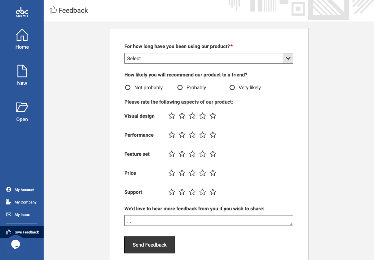 Live Feedback form with rating and comment controls.